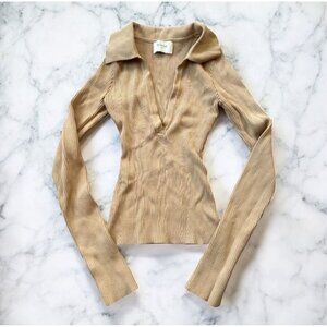 DIISH Tan Ribbed V Neck Collared Sweater Size XS